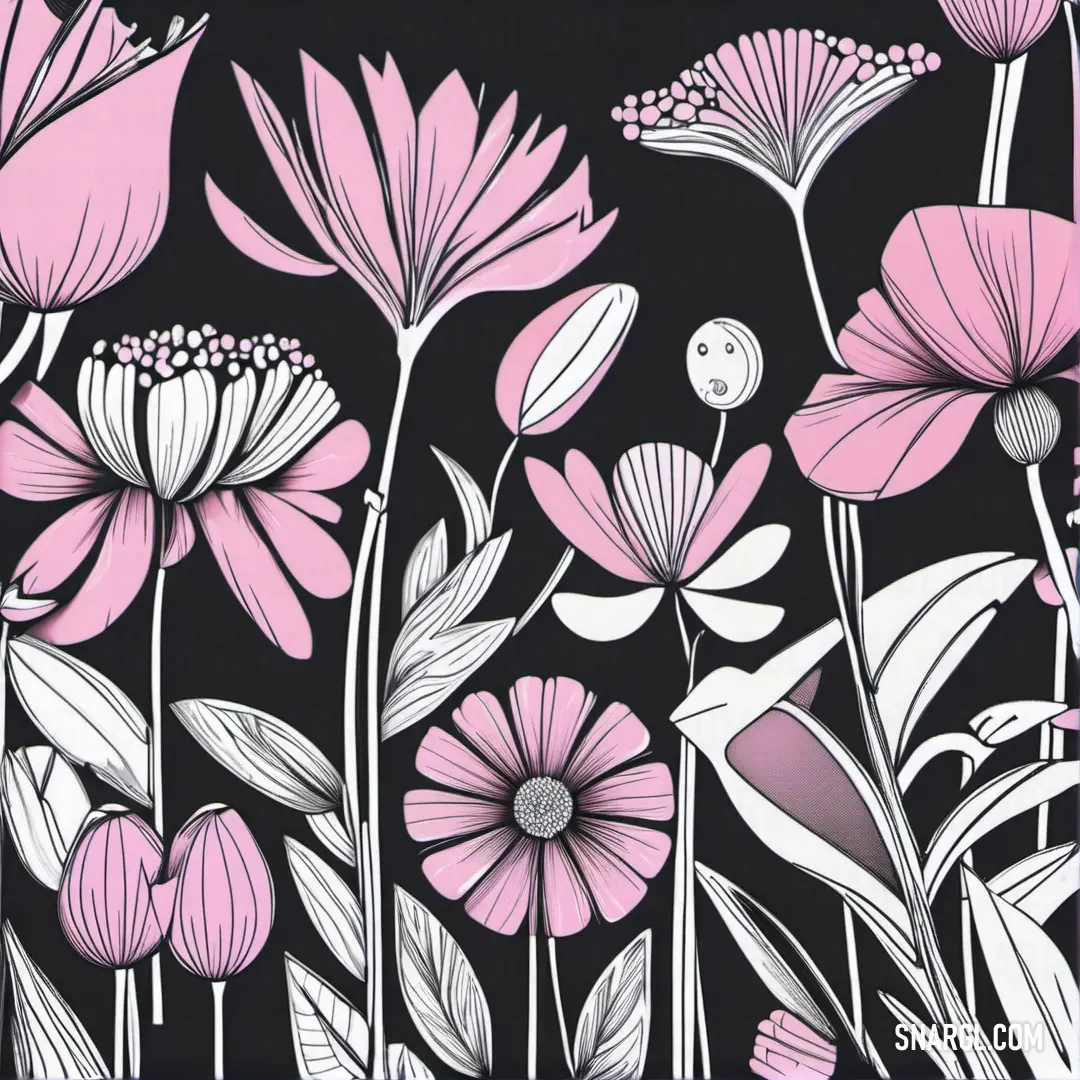 Black and white floral background with pink flowers and leaves on a black background