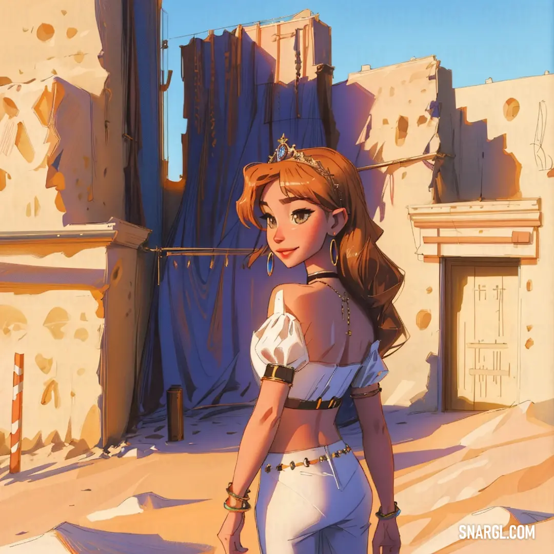 Cartoon of a woman in a white outfit and a brown hat and a building with a blue sky