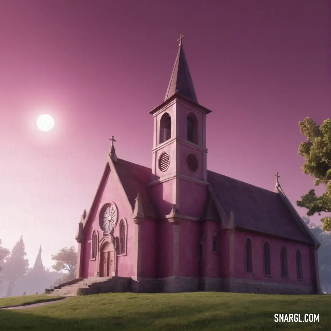 Church with a clock tower on a hill with a pink sky in the background and a sun in the sky. Example of Pale chestnut color.