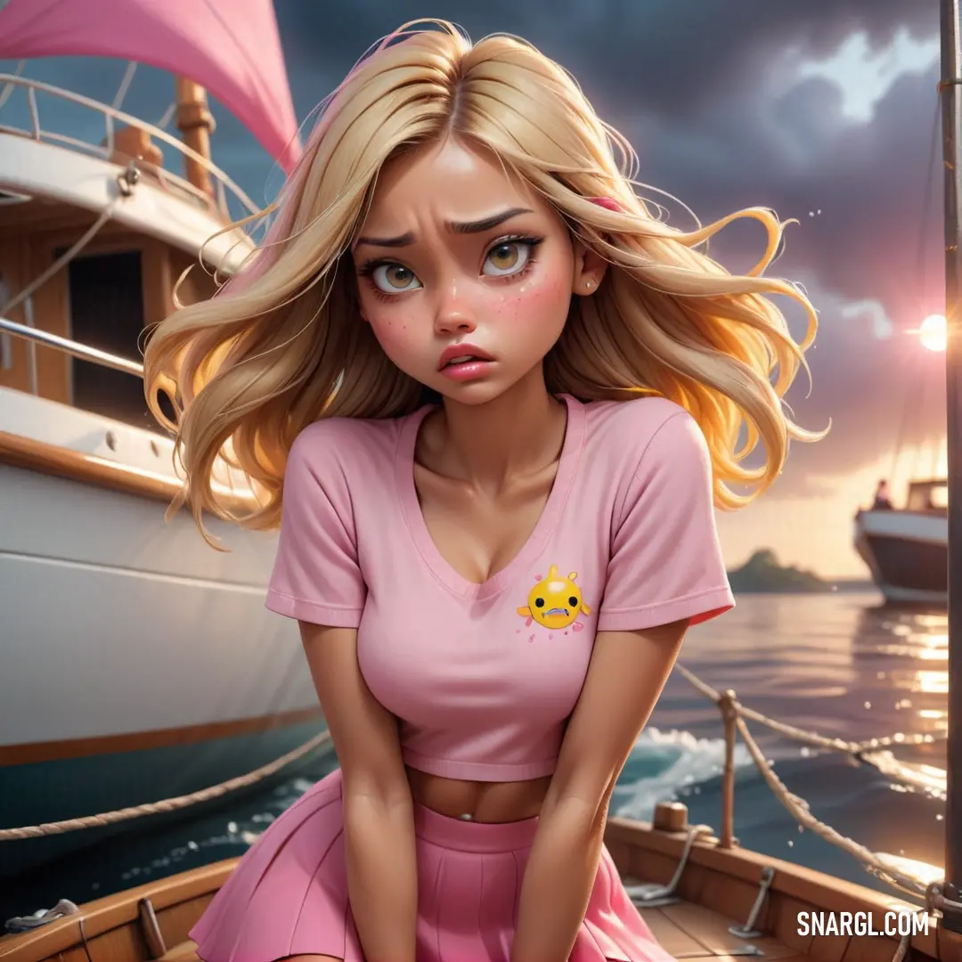 Girl on a boat in the water with a pink shirt on and a pink skirt on her