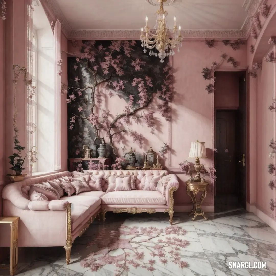 Living room with a pink couch and a chandelier hanging from the ceiling and a painting on the wall. Color Pale chestnut.