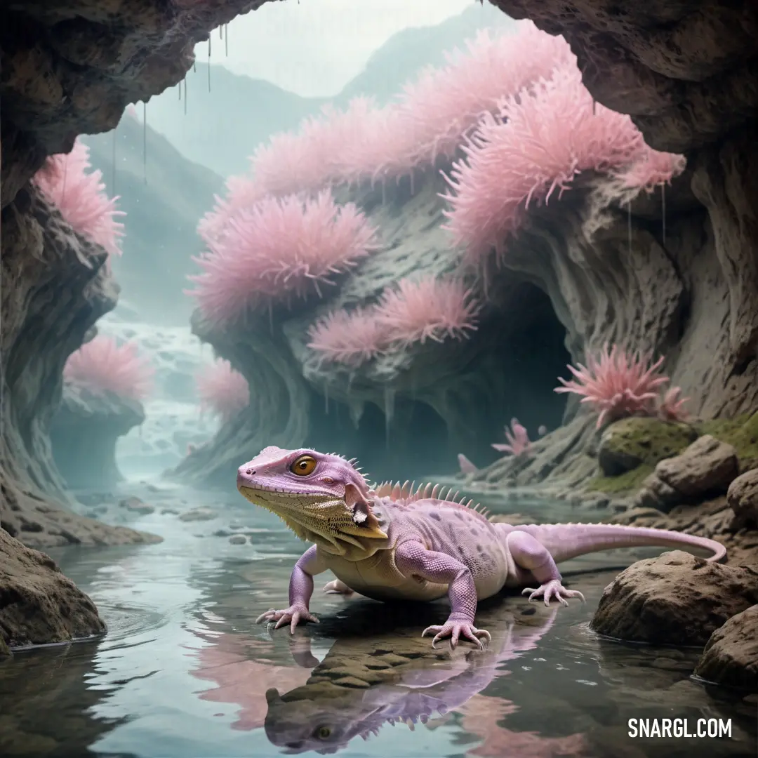 Lizard is in a cave with pink plants on the rocks and water in the foreground. Color RGB 221,173,175.