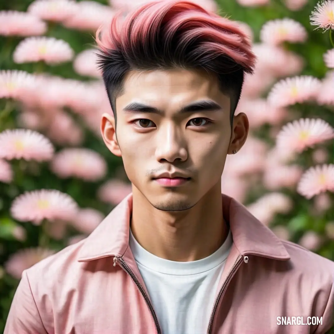 Man with a pink jacket and pink flowers in the background