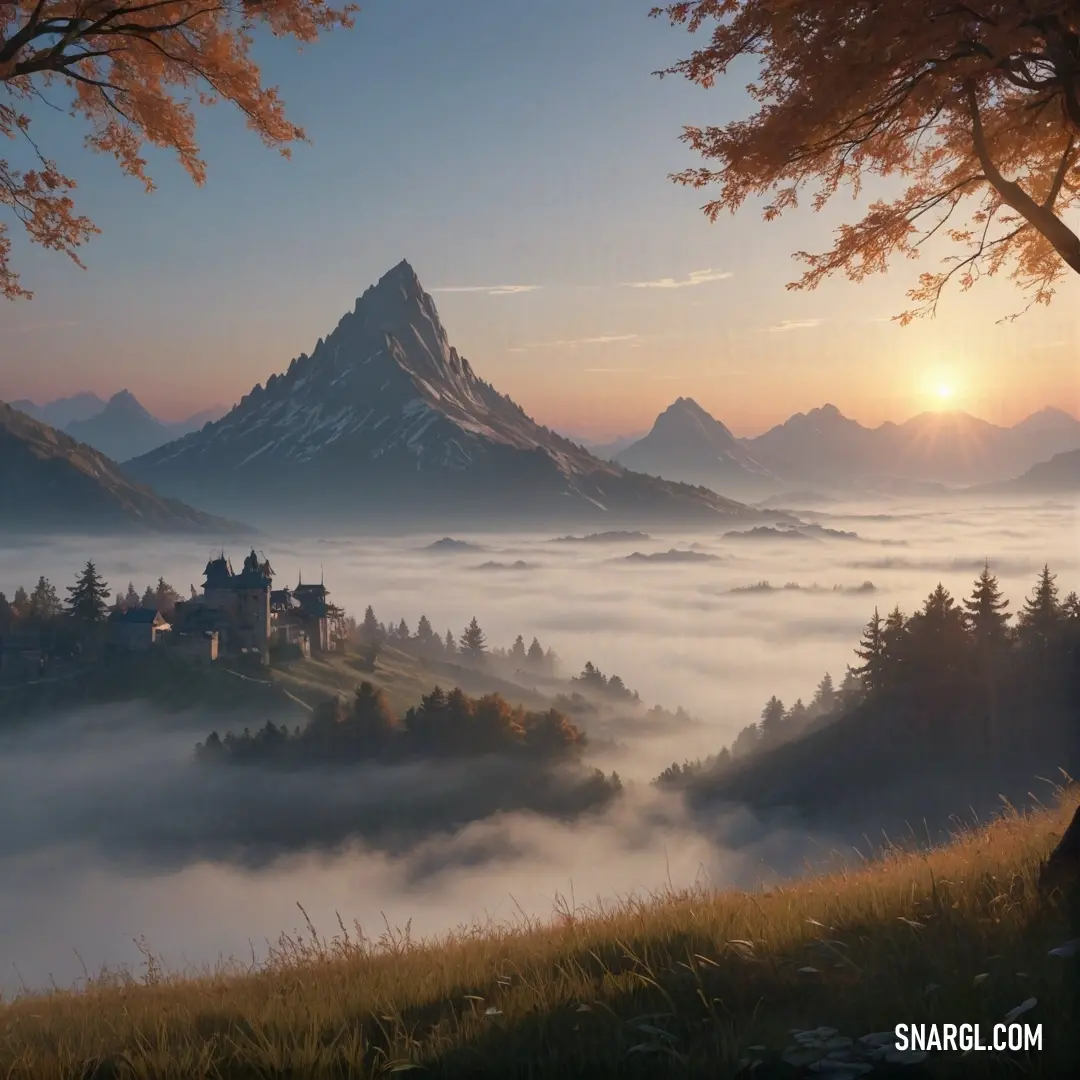 A majestic mountain rising with an ancient castle perched on its summit, surrounded by a sea of fog. Trees fill the foreground, adding a touch of nature’s embrace to the scene. A perfect fusion of mystery and beauty.