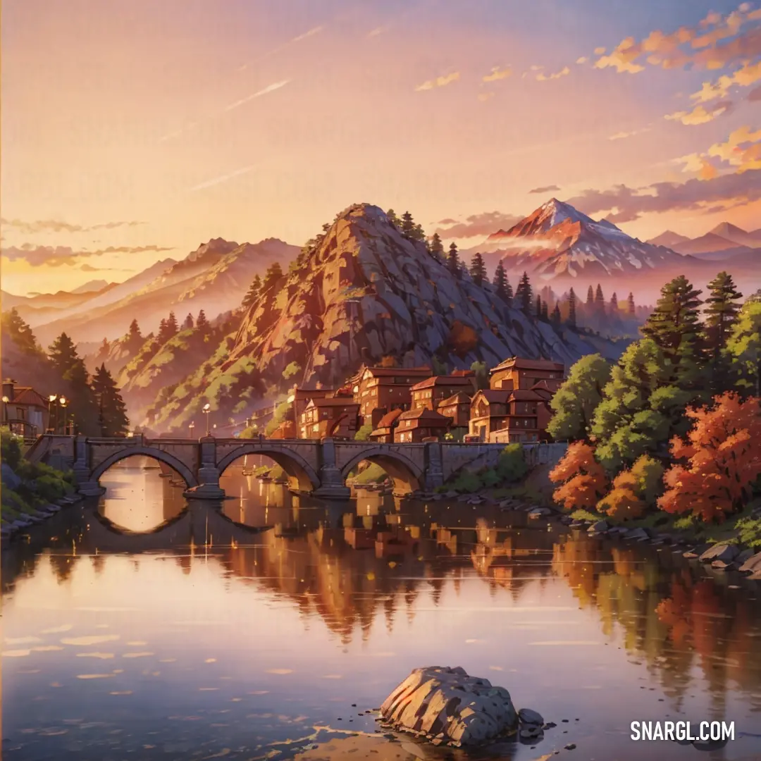 Painting of a mountain town and bridge over a river at sunset with a mountain in the background and a river running through it
