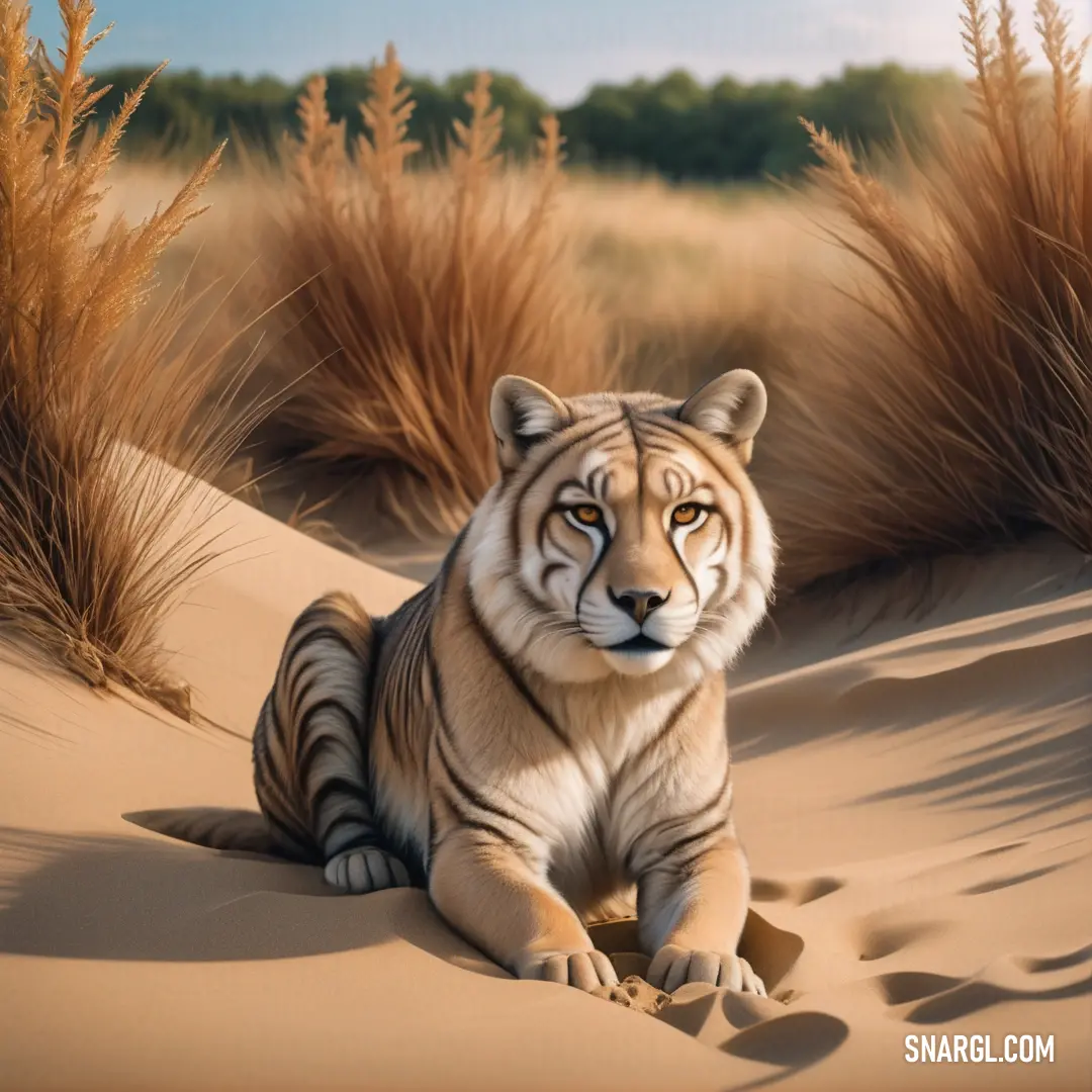 A powerful tiger prowling across the golden sand dunes, with tall grass swaying in the background. The soft, dusty pink of the scene is enriched by a mix of warm hues, invoking strength and solitude.