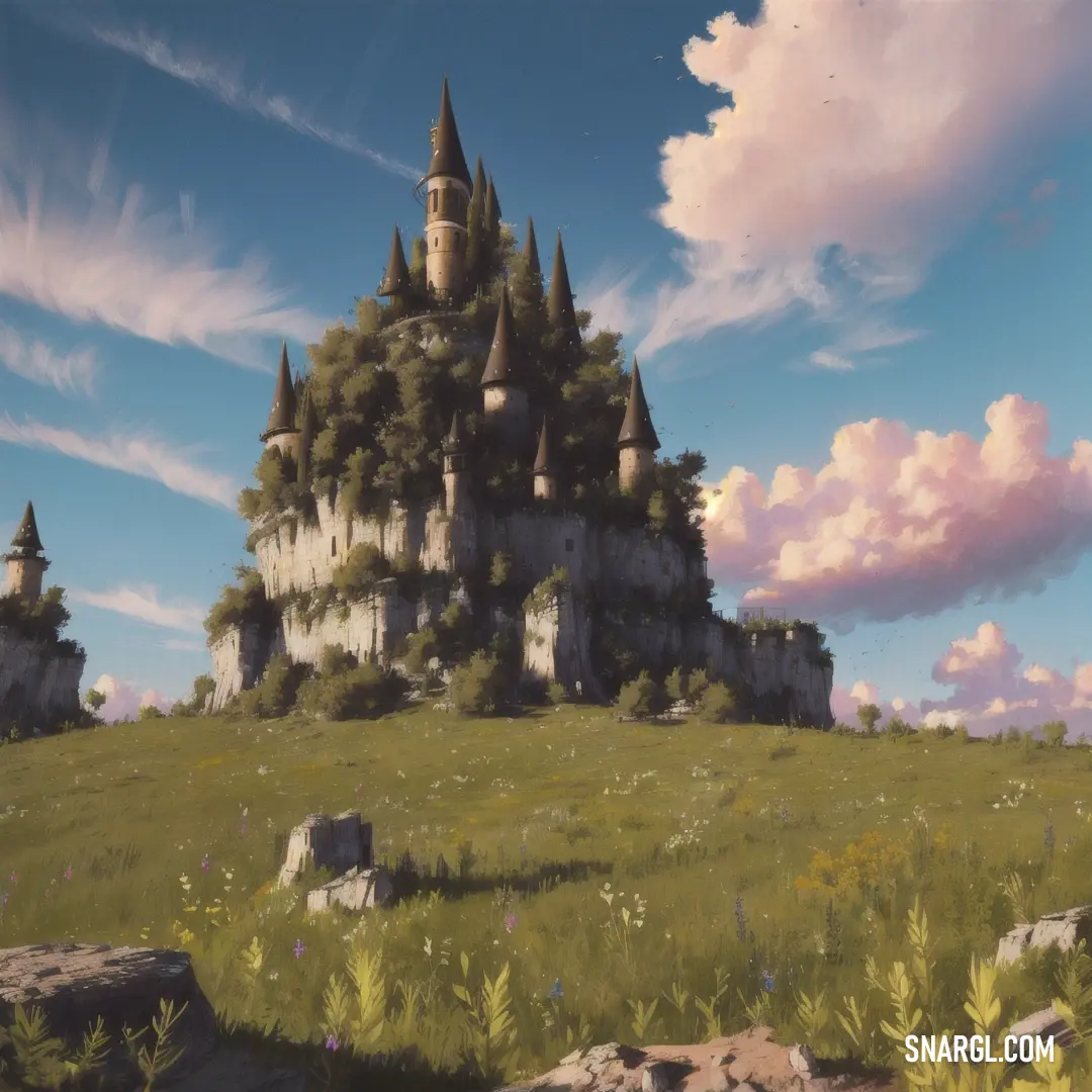 A fairytale castle with tall towers perched atop a hill, surrounded by vibrant flowers and rugged rocks. The soft pale chestnut color brings a warm glow to this magical scene.