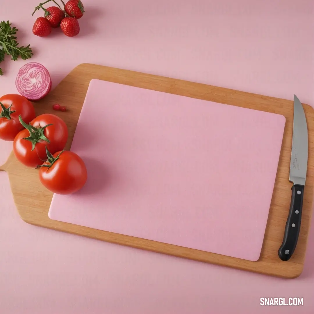 A rustic wooden cutting board adorned with vibrant, fresh tomatoes and a sharp knife positioned next to another cutting board. The colors are rich and evoke the essence of culinary creativity.