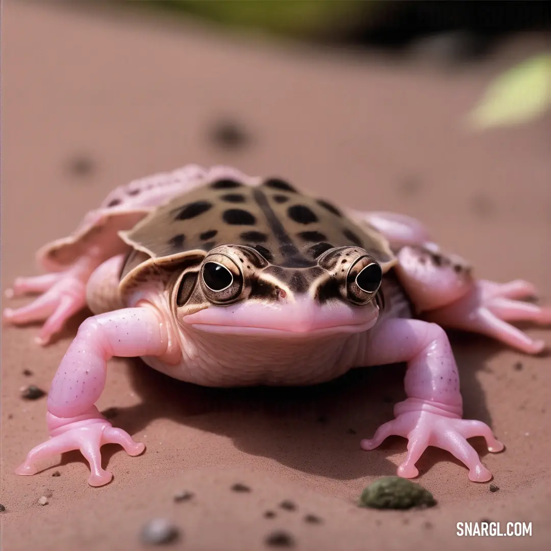 Frog with a pink body and black spots on its face and legs. Color #DDADAF.