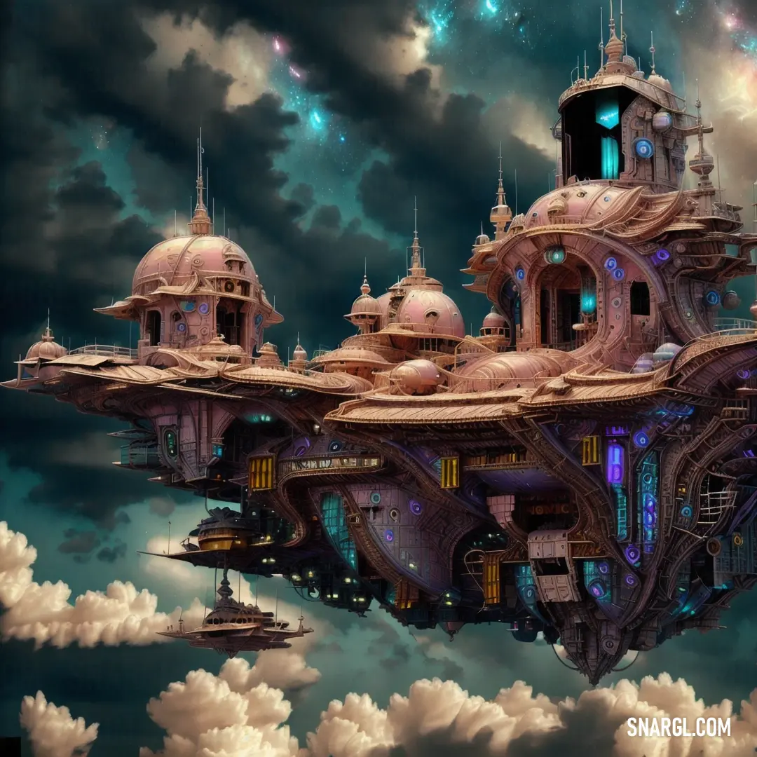 Futuristic city floating in the air surrounded by clouds and stars in the sky with a blue light on the top. Color Pale chestnut.