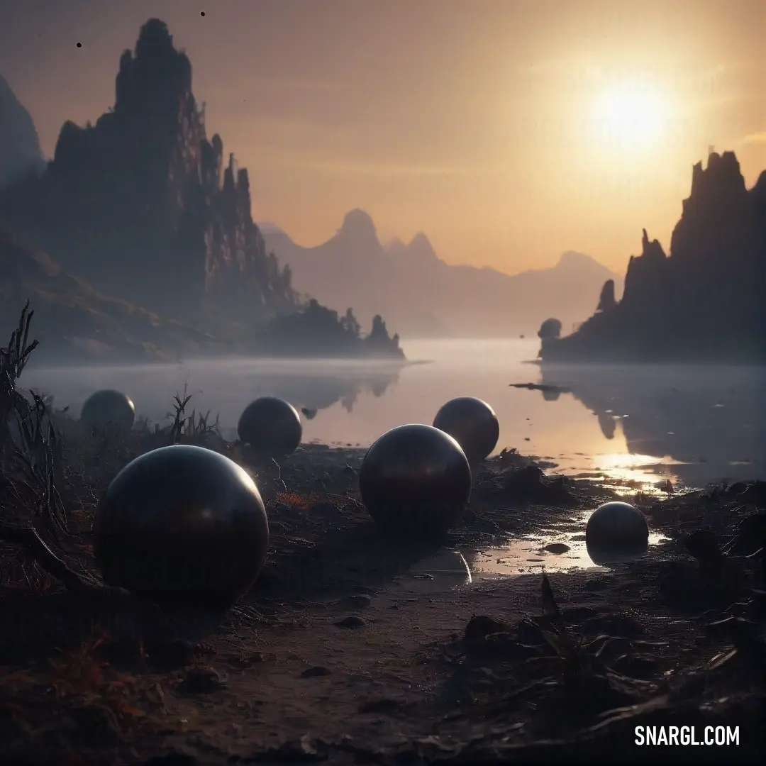 A group of colorful balls rests gently on the calm surface of a lake, surrounded by towering trees and rocky cliffs. The sunset paints the sky in warm, soft hues, adding to the peaceful atmosphere of this secluded place.