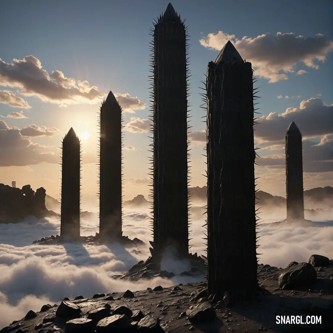 At sunset, a breathtaking view reveals a cluster of tall buildings atop a misty mountain, their silhouettes softened by the pale chestnut hue blending beautifully with the clouds and fog, creating a serene atmosphere.