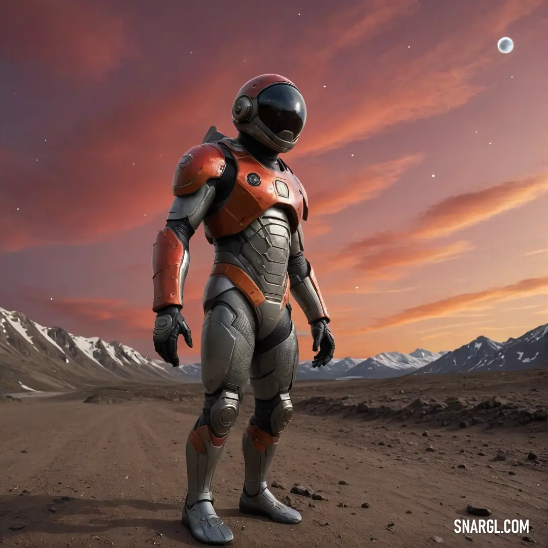 A man in a space suit stands tall in a vast desert field, the orange glow of a sunset casting long shadows. The distant moon adds to the otherworldly feel, while the RGB 221,173,175 shades of his suit reflect the fading light of the day.