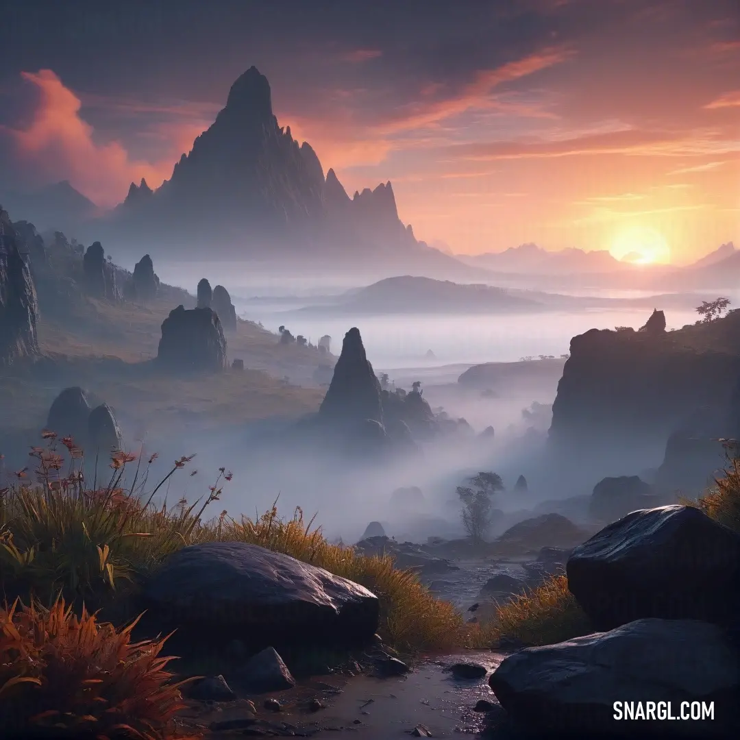 A serene mountain landscape bathed in warm golden light as the sun sets behind rocky peaks. Lush green grass gently sways, and a soft fog blankets the sky, creating a peaceful atmosphere with distant clouds drifting by.