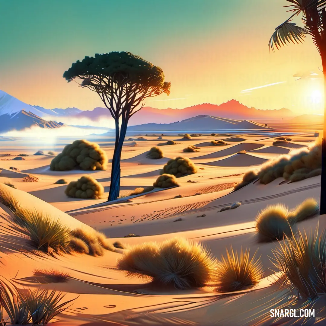 A stark desert landscape with a lone tree standing tall against the backdrop of distant mountains. The scene is infused with a subtle blend of earth tones, creating a peaceful yet dramatic atmosphere.