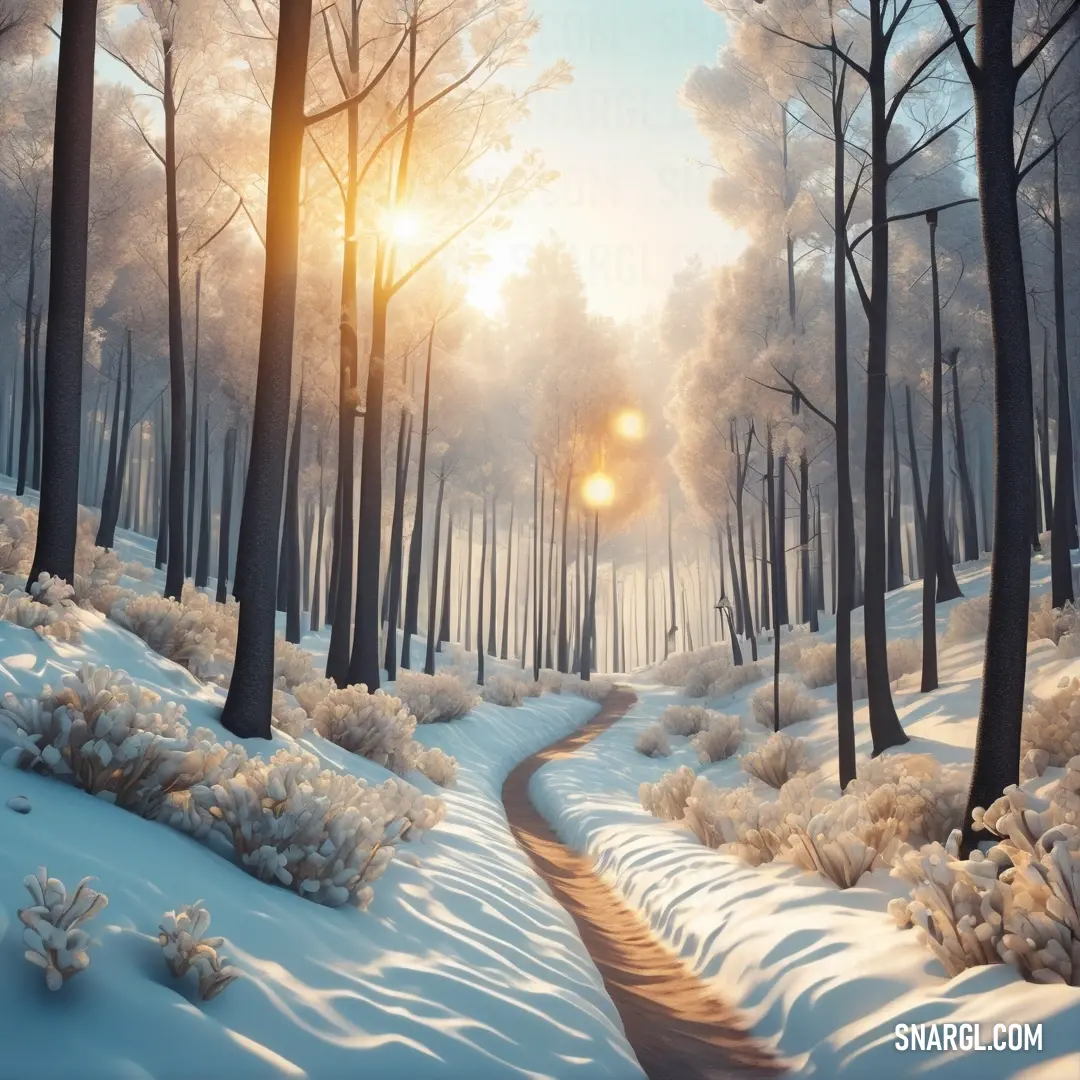 Painting of a snowy path through a forest with trees and bushes on either side of it. Color RGB 221,173,175.