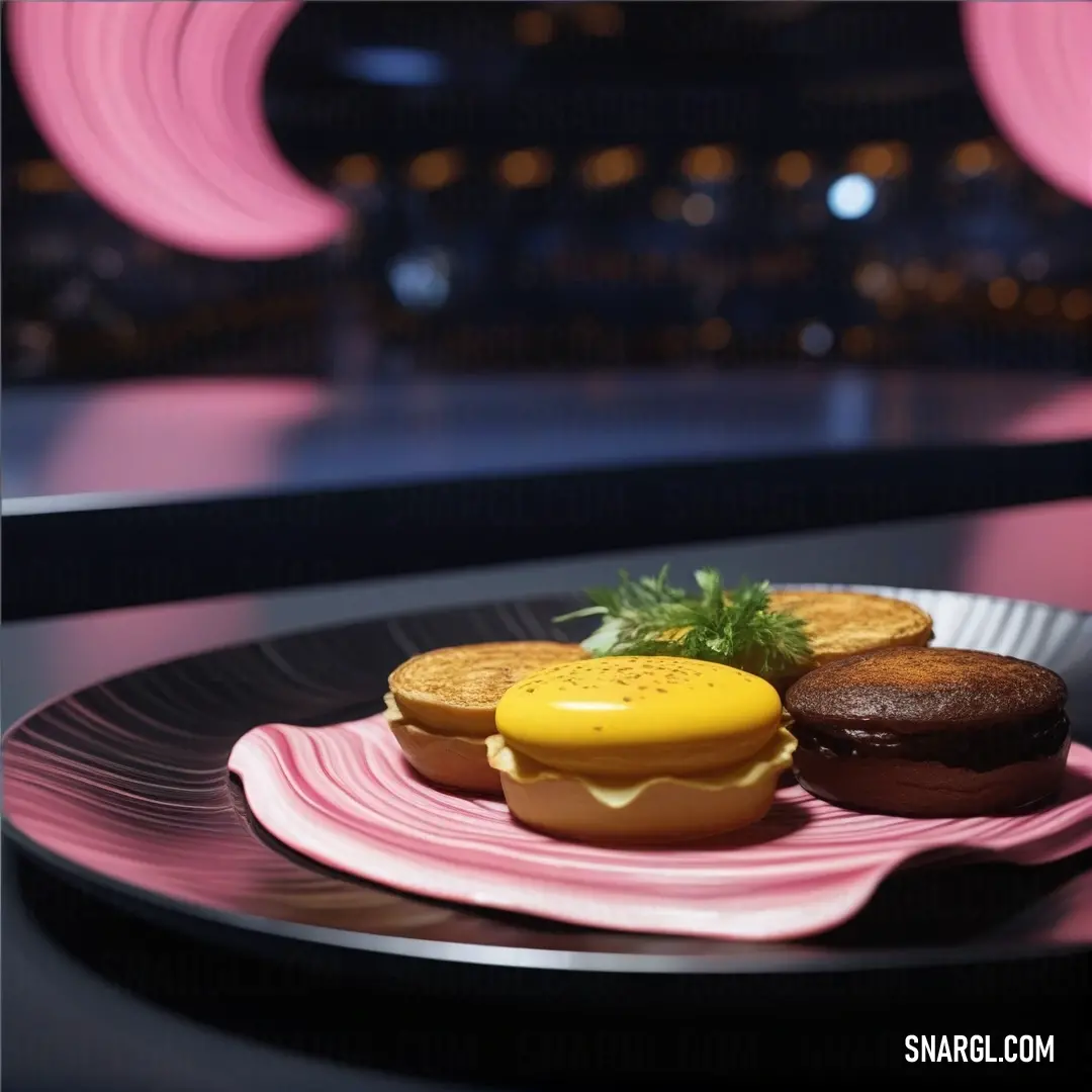 A mouthwatering sandwich paired with two delicious cakes sits elegantly on a plate, set against a stunning cityscape backdrop. The subtle pastel color of #DDADAF enriches this tempting culinary arrangement.