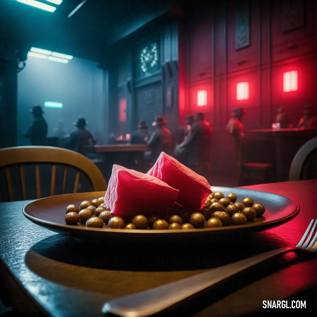 A beautifully plated dish featuring a slice of food atop a delicate plate, complemented by a fork and knife, all framed by a cozy red light casting a warm ambiance over the scene.