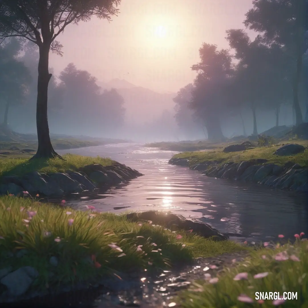 A winding river meanders through a lush, vibrant forest, with flowers blooming at the forest's edge. The sun sets gently, casting a warm glow across the greenery and enhancing the tranquil beauty of the scene.