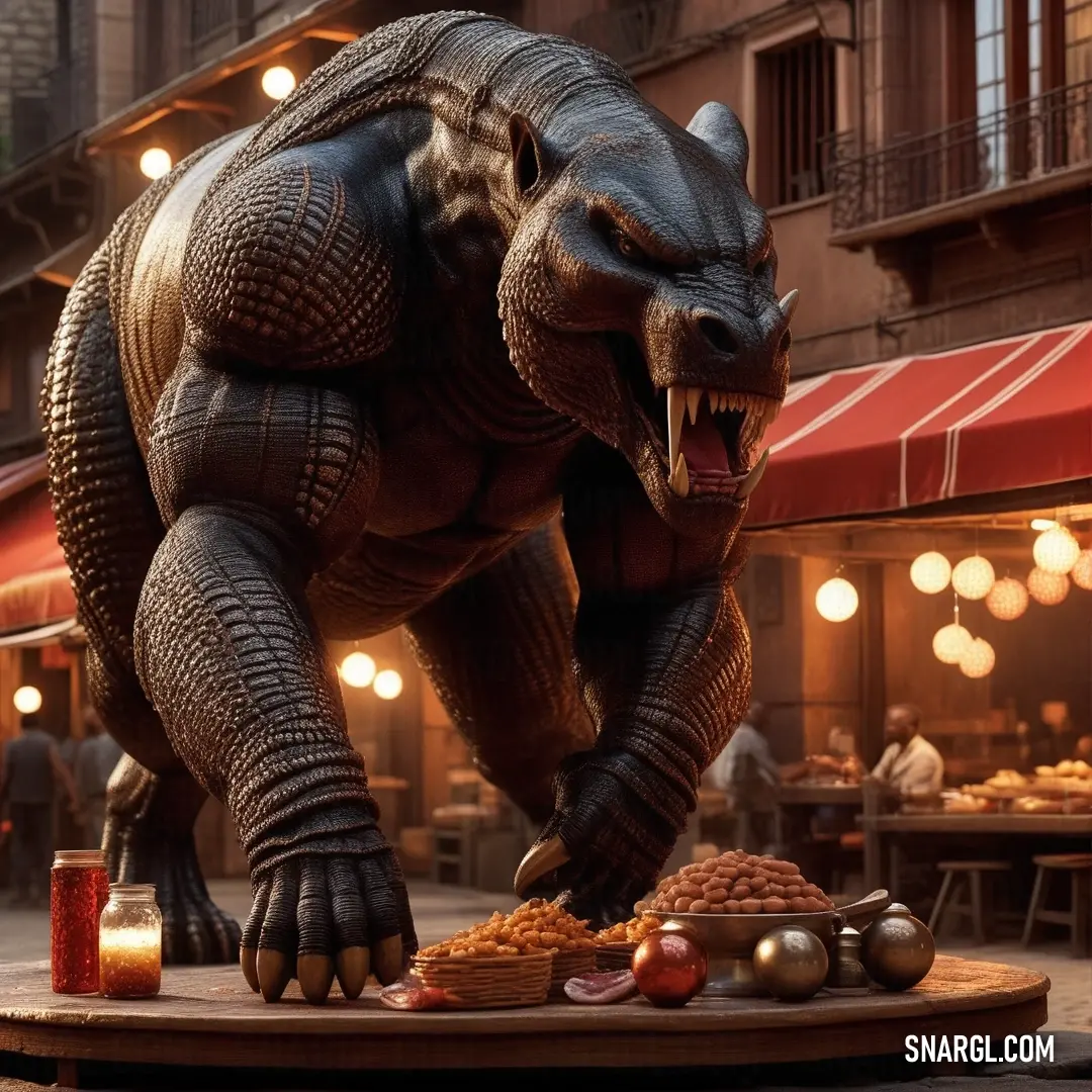 A striking statue of a colossal bear joyfully indulging in delicious food at a lively city street at night, surrounded by passersby, amidst a backdrop of urban brilliance.