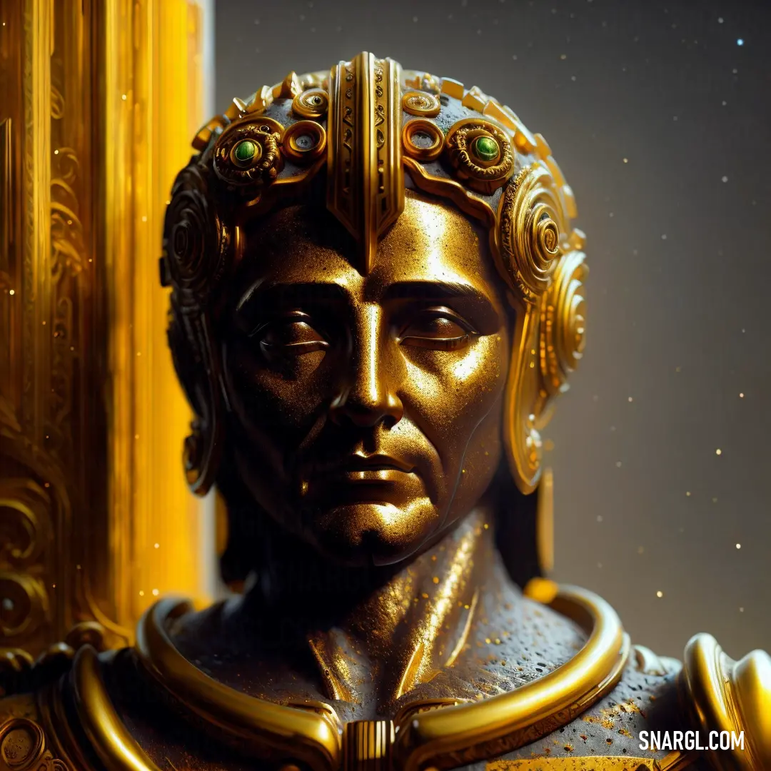 A statue of a man adorned with a golden helmet and a gilded frame around his neck stands in stark contrast against the softer hues of the surrounding area. The rich gold color of the helmet highlights the elegance of this timeless figure.