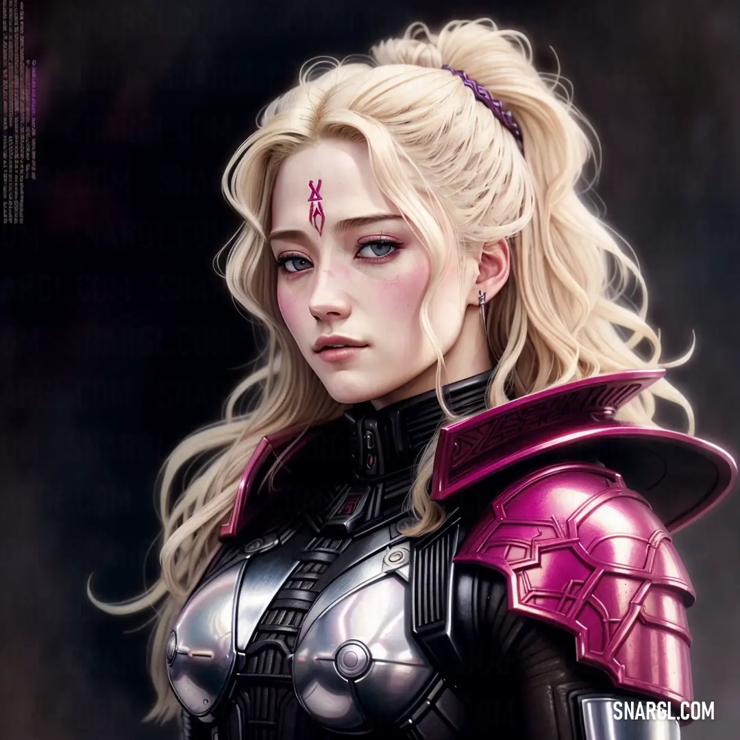 A woman in full armor stands confidently with a sword resting on her shoulder, a pink hairband adding a soft touch to her warrior look. The color of her armor brings a sense of calm and elegance to her battle-ready stance.