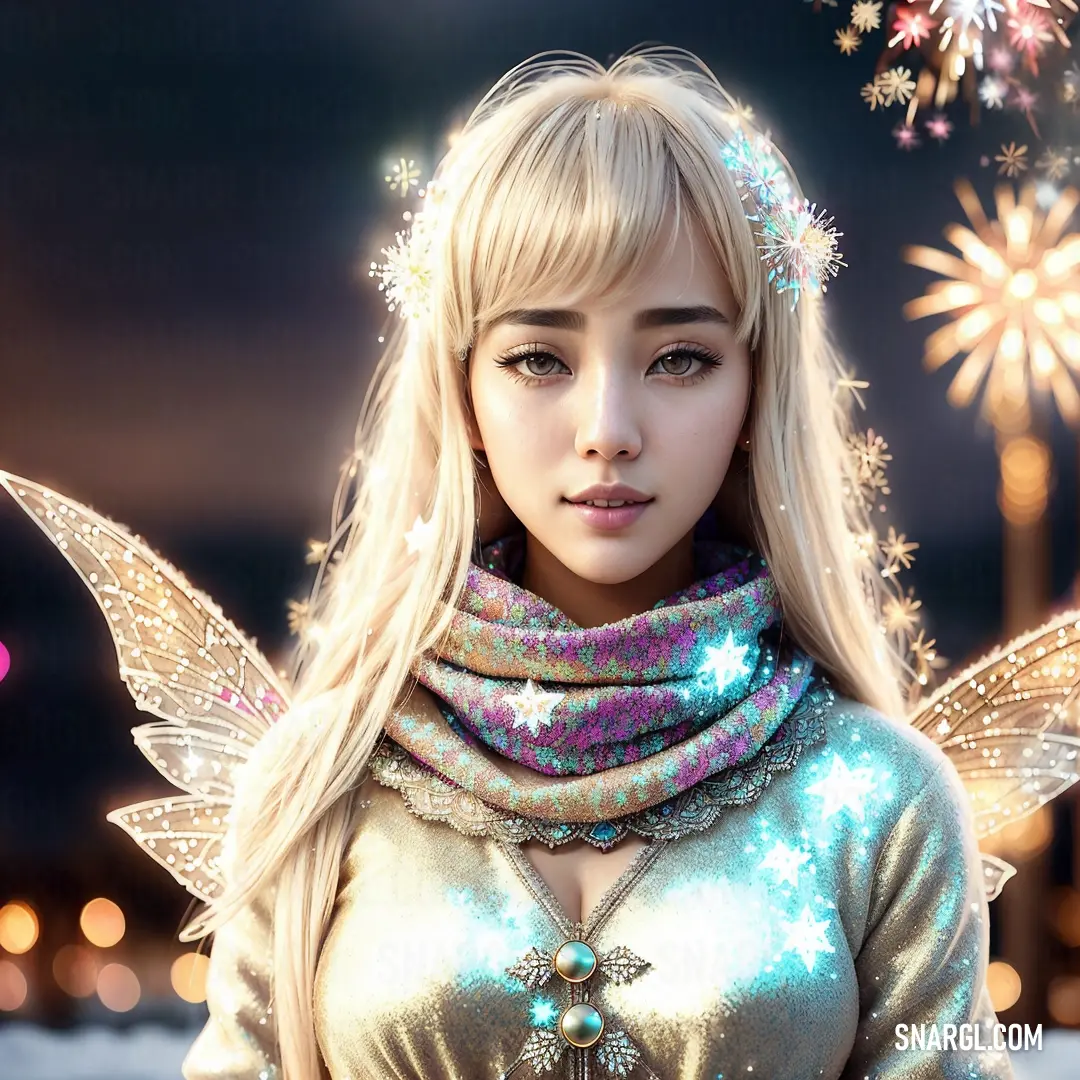 A woman in a whimsical fairy costume, with a scarf draped around her neck, stands surrounded by an ethereal aura. Her wings and delicate attire speak of magic and adventure.