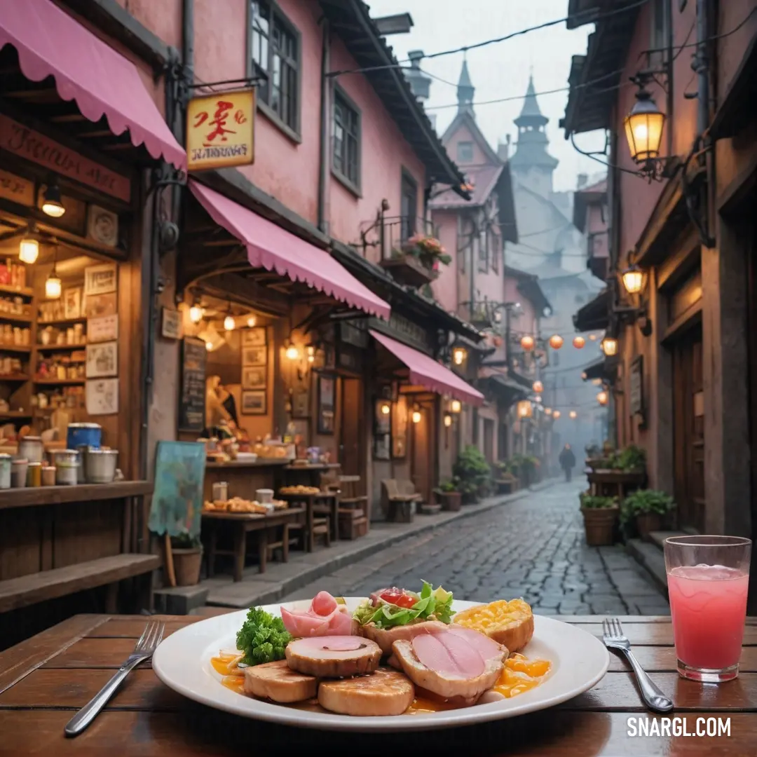 Plate of food on a table in a narrow alleyway with a pink awning. Color #DDADAF.