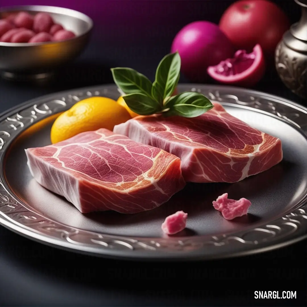 A beautifully arranged plate of succulent meat paired with a zesty lemon and surrounded by a colorful bowl of tomatoes, offering a feast for both the eyes and palate.