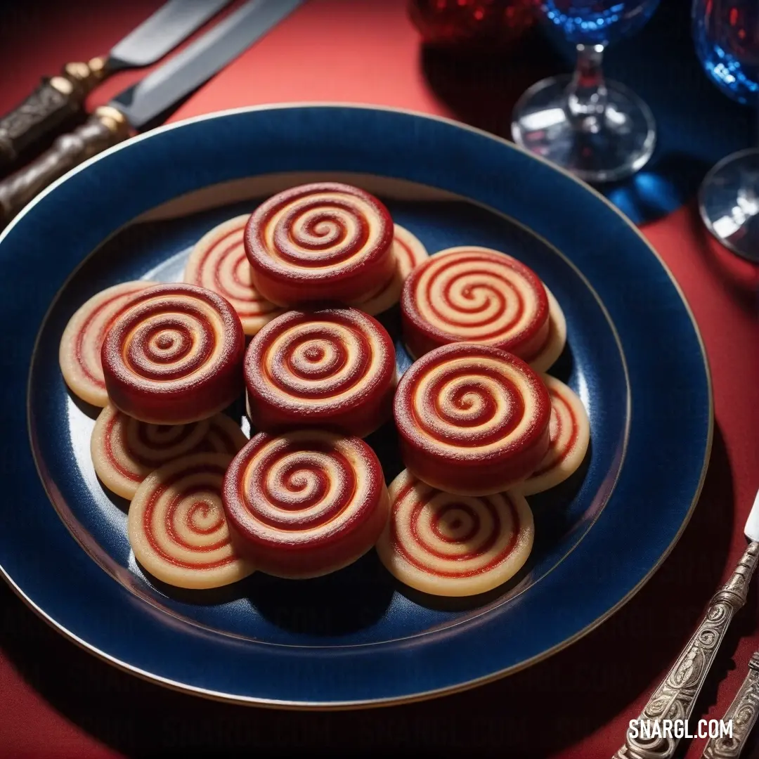 A beautifully arranged plate featuring an enticing variety of red and white cookies resting on a well-set table adorned with elegant silverware. The warm, inviting hues of pale chestnut add a cozy charm to this delightful scene.