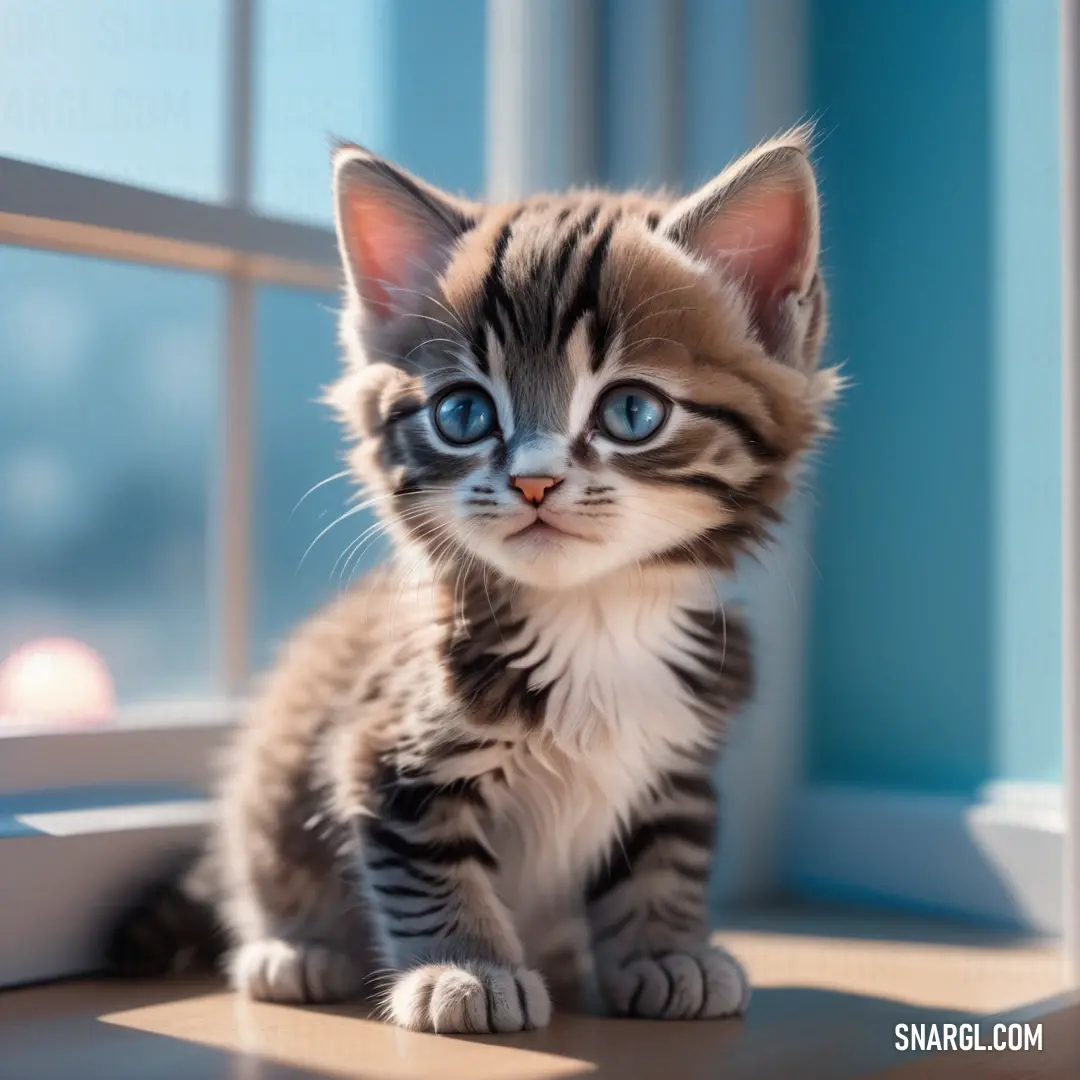 Small kitten on a window sill looking out the window sill at the camera