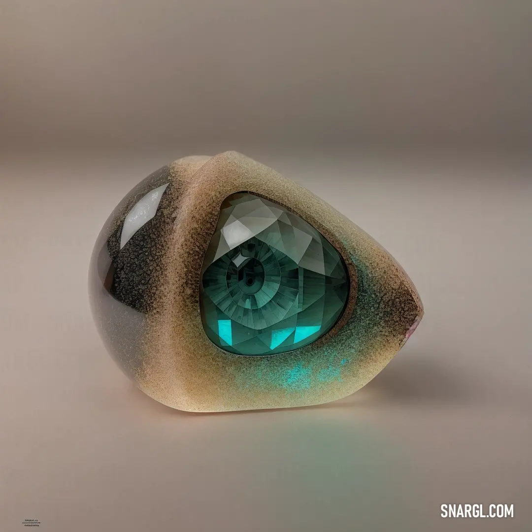 Stone with a green eye inside of it on a table top with a white background