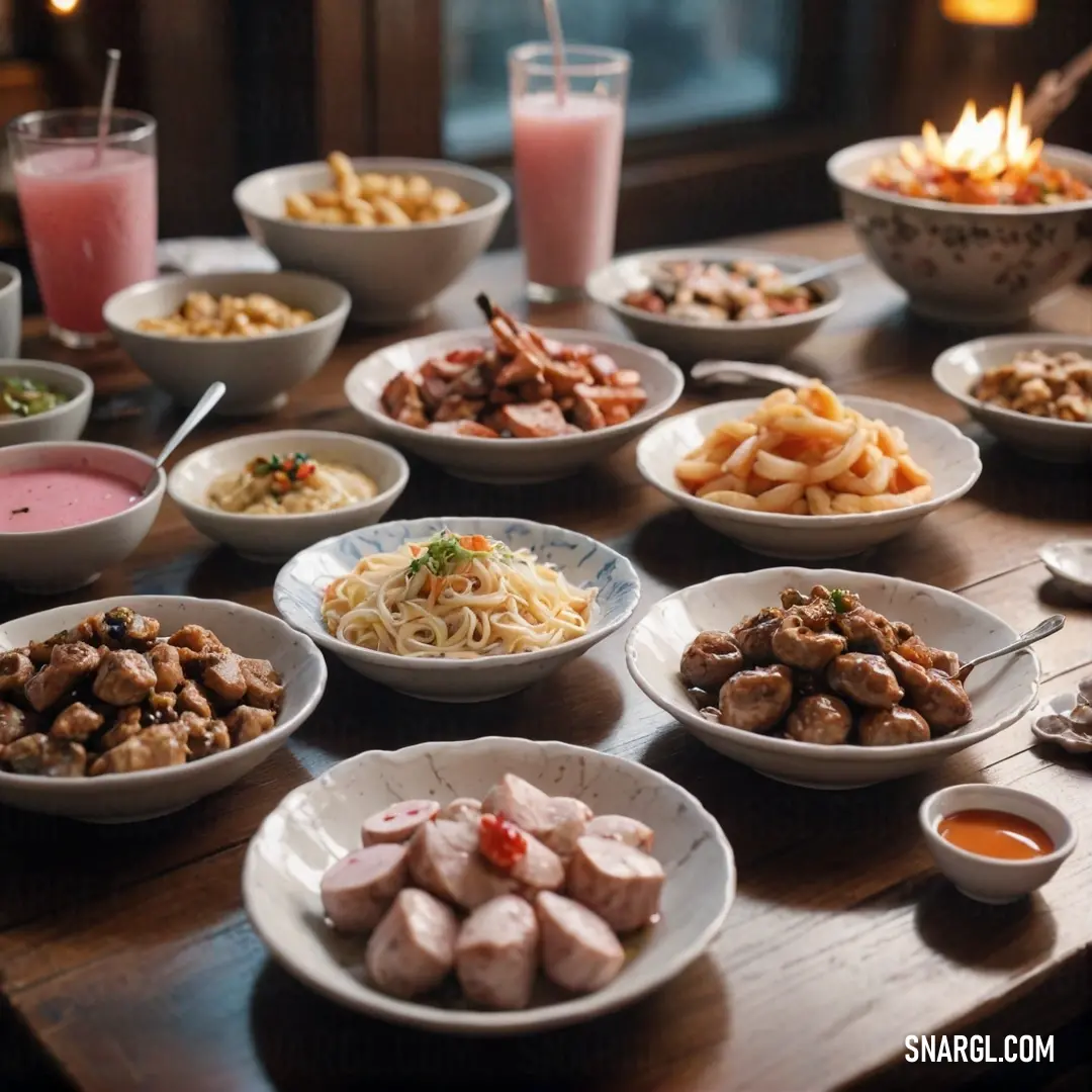 Pale chestnut color. Table full of food with a candle in the background