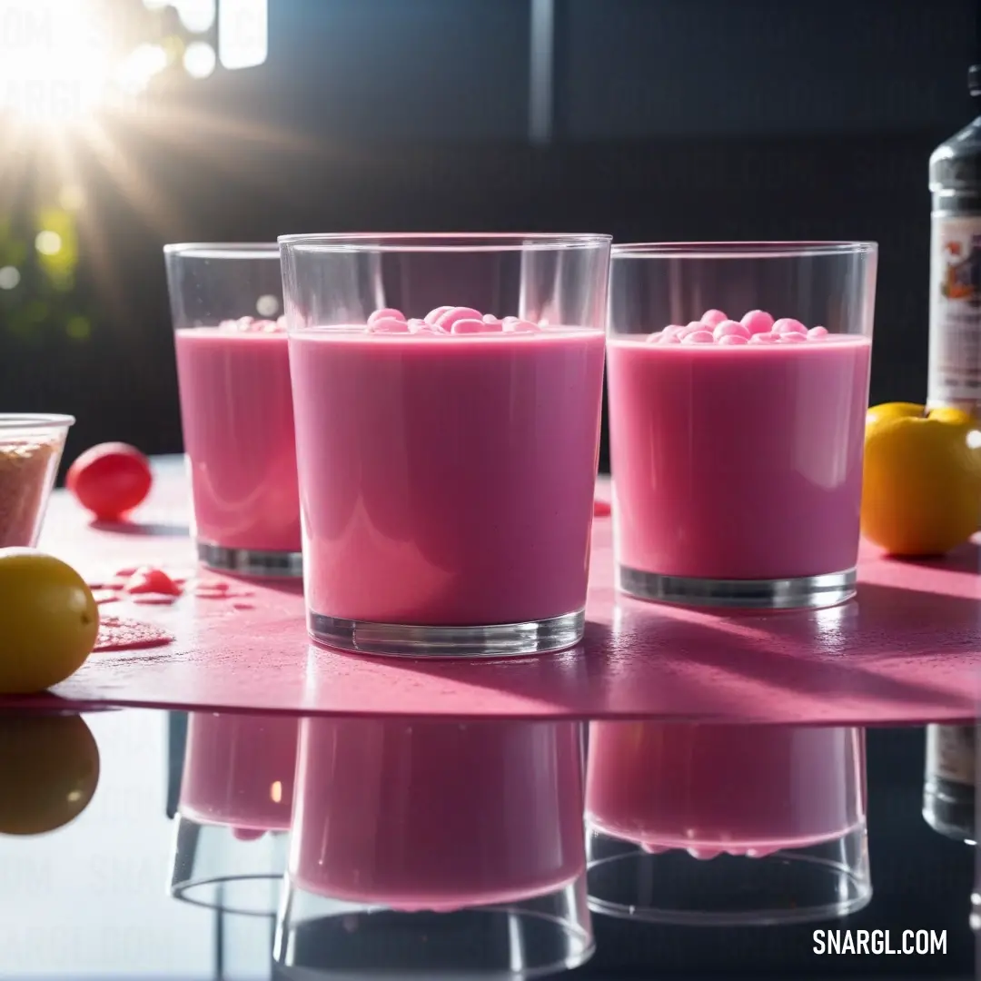 A trio of elegant glasses filled with a refreshing pink beverage, gracefully positioned on a table beside an enticing bottle of alcohol, showcasing an atmosphere of fun and celebration.