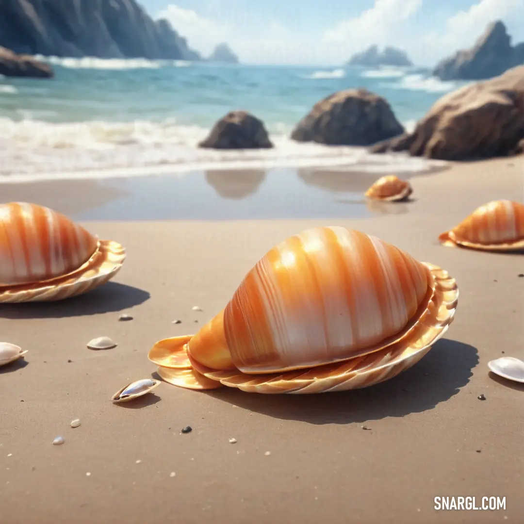 Three seashells nestled on a sandy beach, with the crashing waves and rocky shoreline providing a natural backdrop. The soft, warm hues of pink and beige highlight the beauty of this peaceful coastal scene.