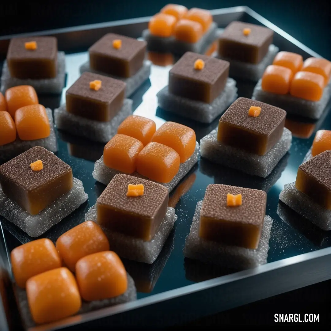 A delightful assortment of chocolates displayed on a tray, adorned with luscious orange squares, inviting indulgence and sweet cravings amidst a backdrop of captivating aesthetics.