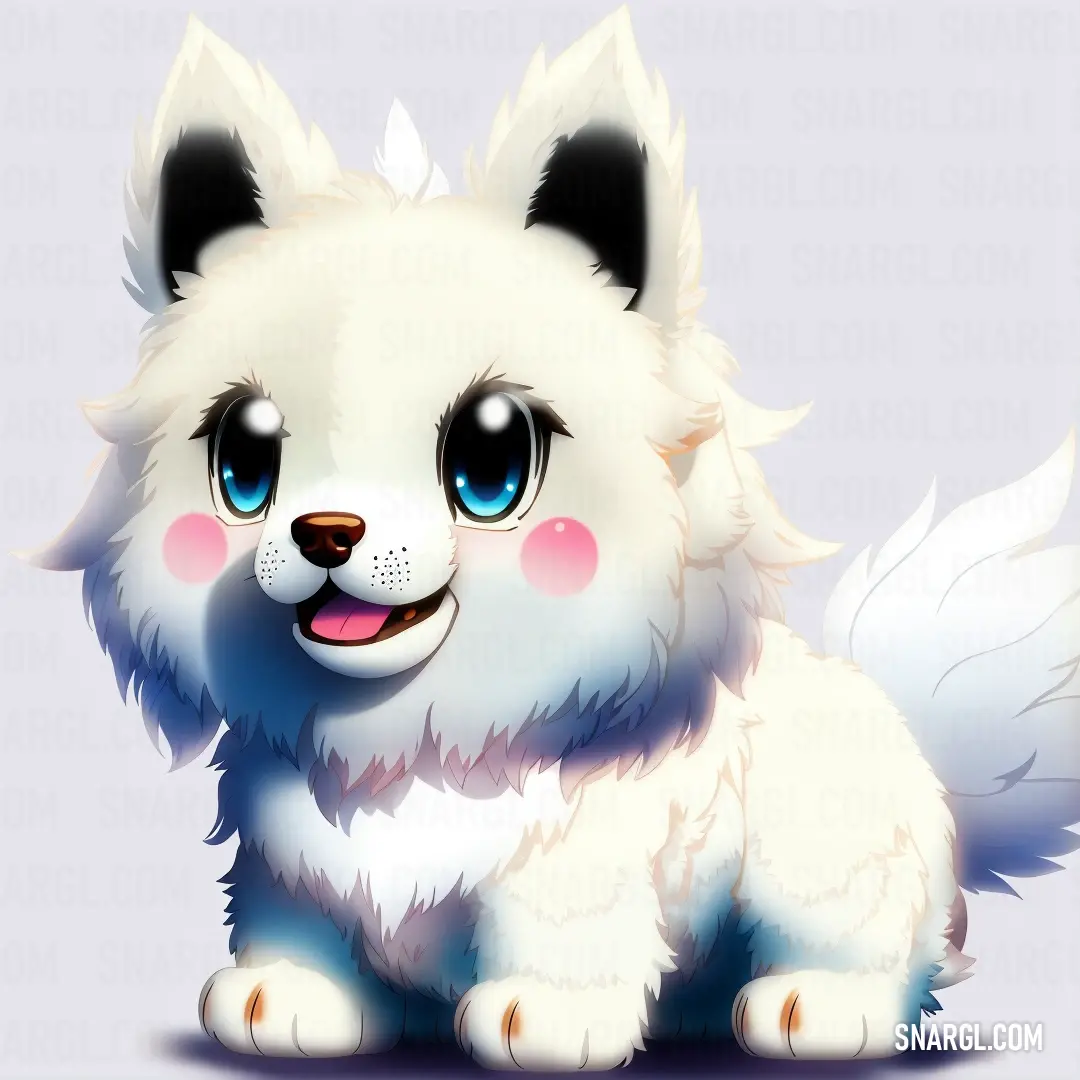 White dog with blue eyes down with a pink nose and tail on it's head