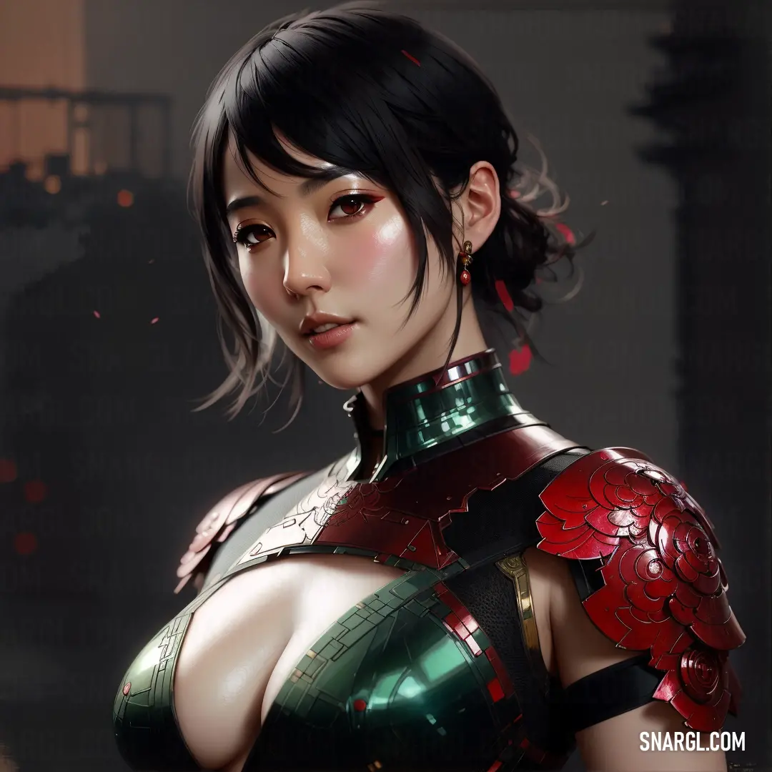 A futuristic woman with striking black hair and a red flower on her chest stands in a powerful pose. Her outfit, in shades of pale chestnut, radiates confidence and mystery, with delicate details highlighting her bold look.