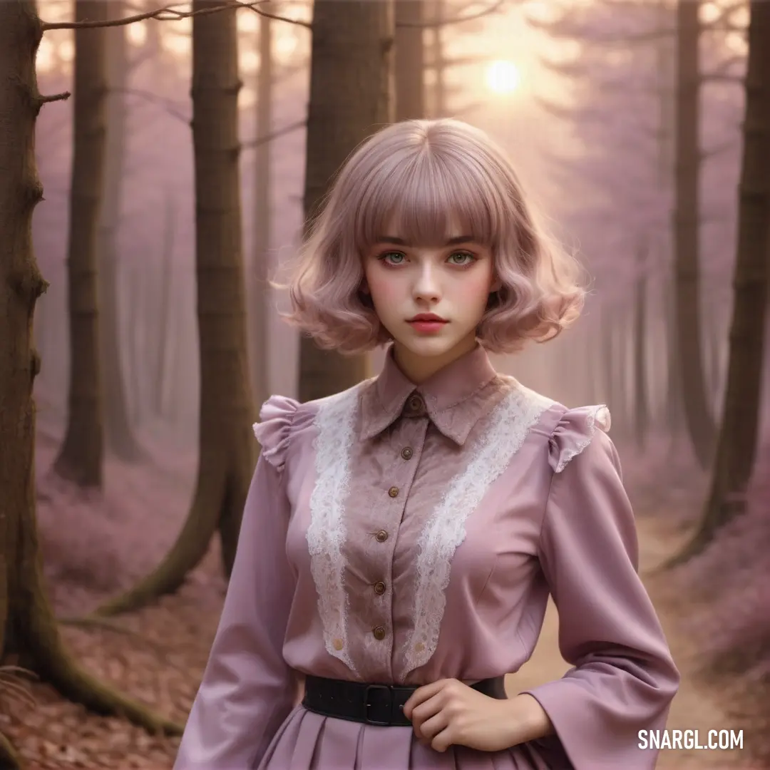 #DDADAF color example: Woman with a pink dress and a pink hat in a forest with trees and leaves on the ground