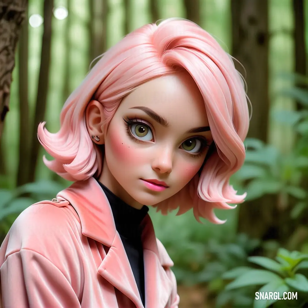 Woman with pink hair and a pink coat in a forest with trees and plants behind her is looking at the camera