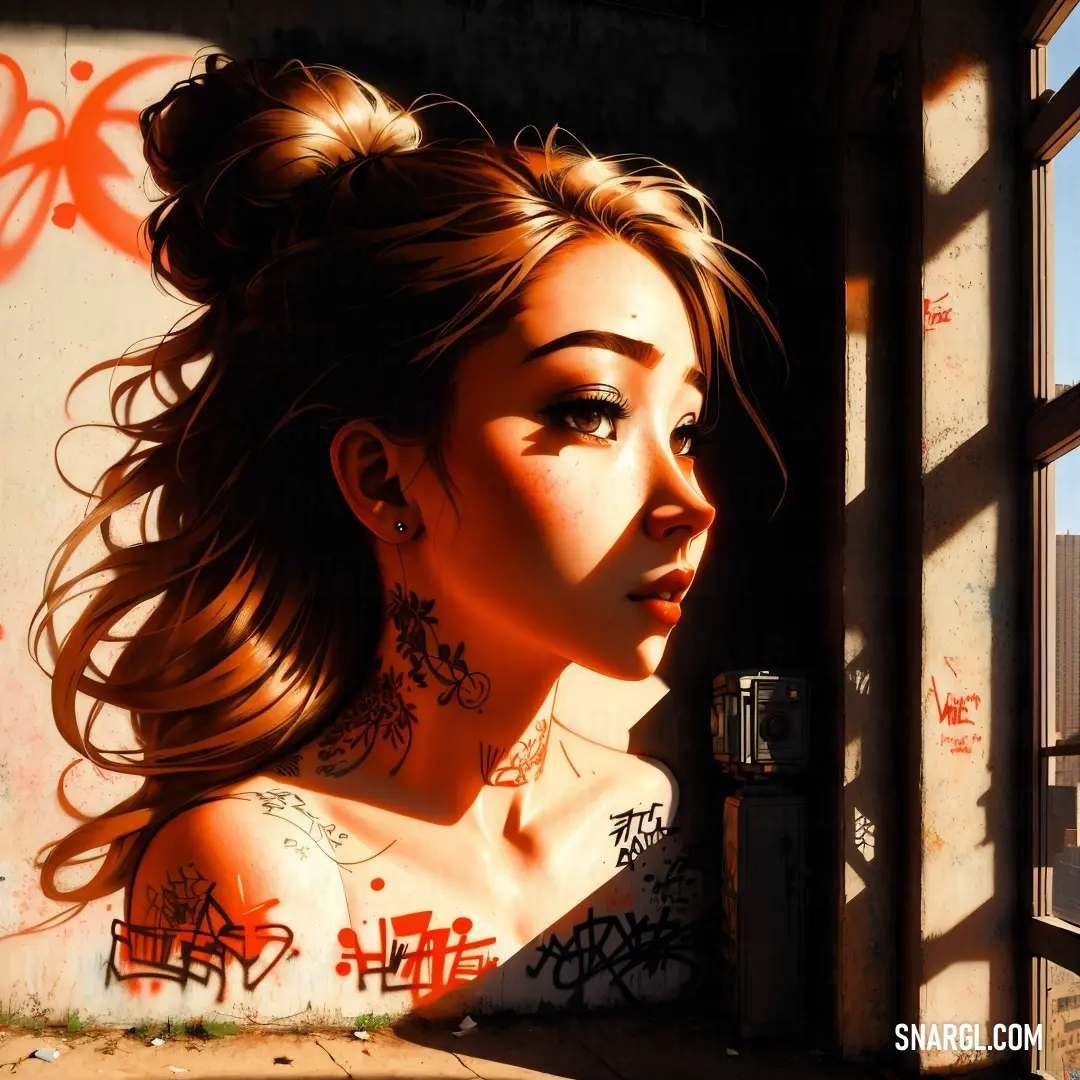 Woman with tattoos is standing in front of a window with a graffiti wall behind her and a door