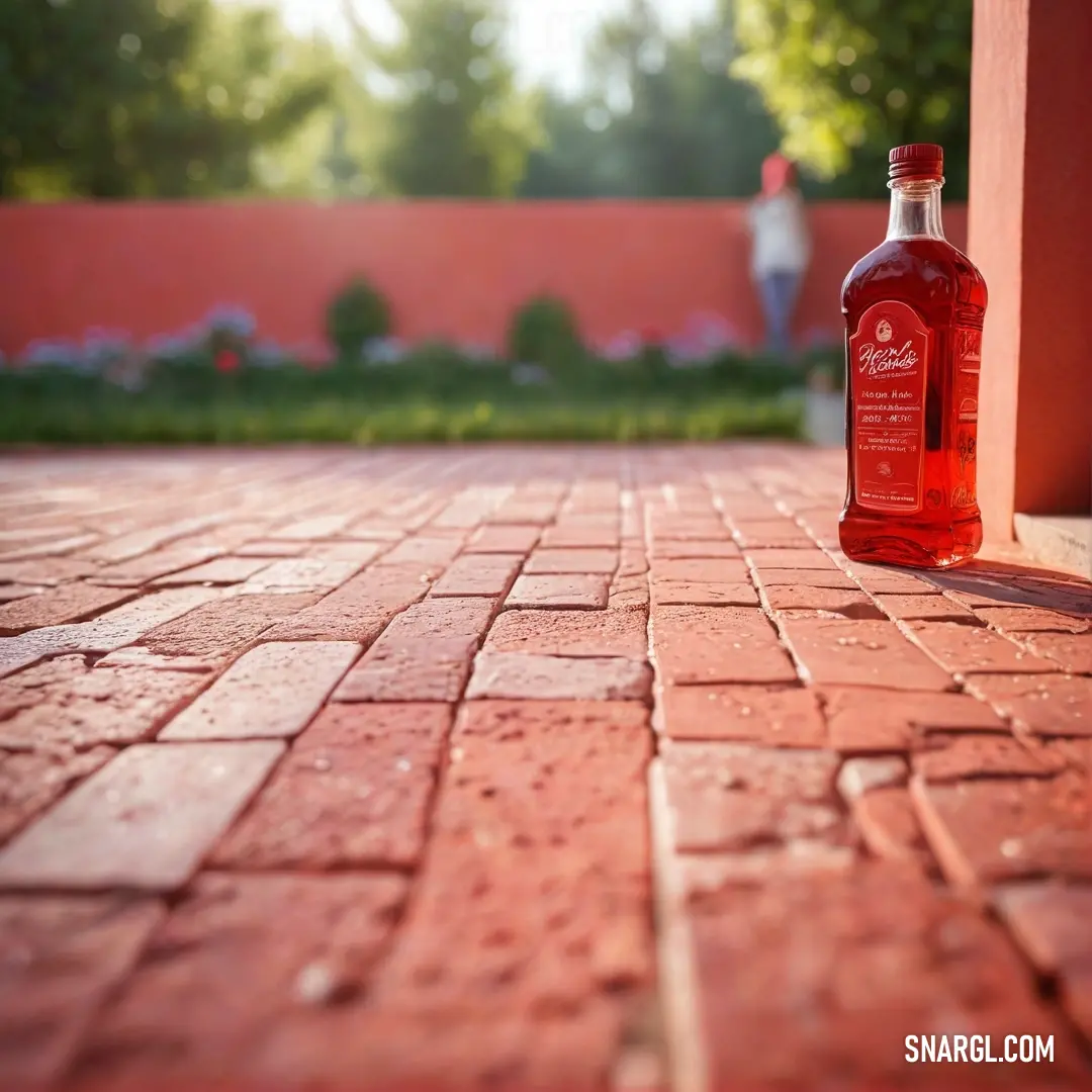 An intriguing scene on a brick walkway where a bottle of liquor rests near a charming stone wall, surrounded by a colorful flower garden that adds a vibrant touch to the outdoor setting.