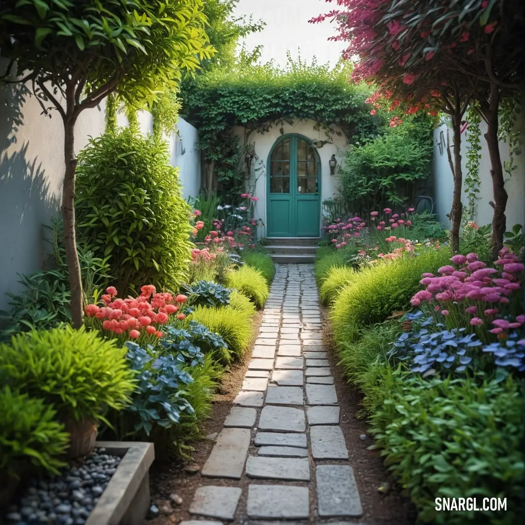 A charming garden pathway with a welcoming green door, framed by fragrant flowers and leafy trees, creates an inviting atmosphere with the gentle rustle of leaves in the breeze.