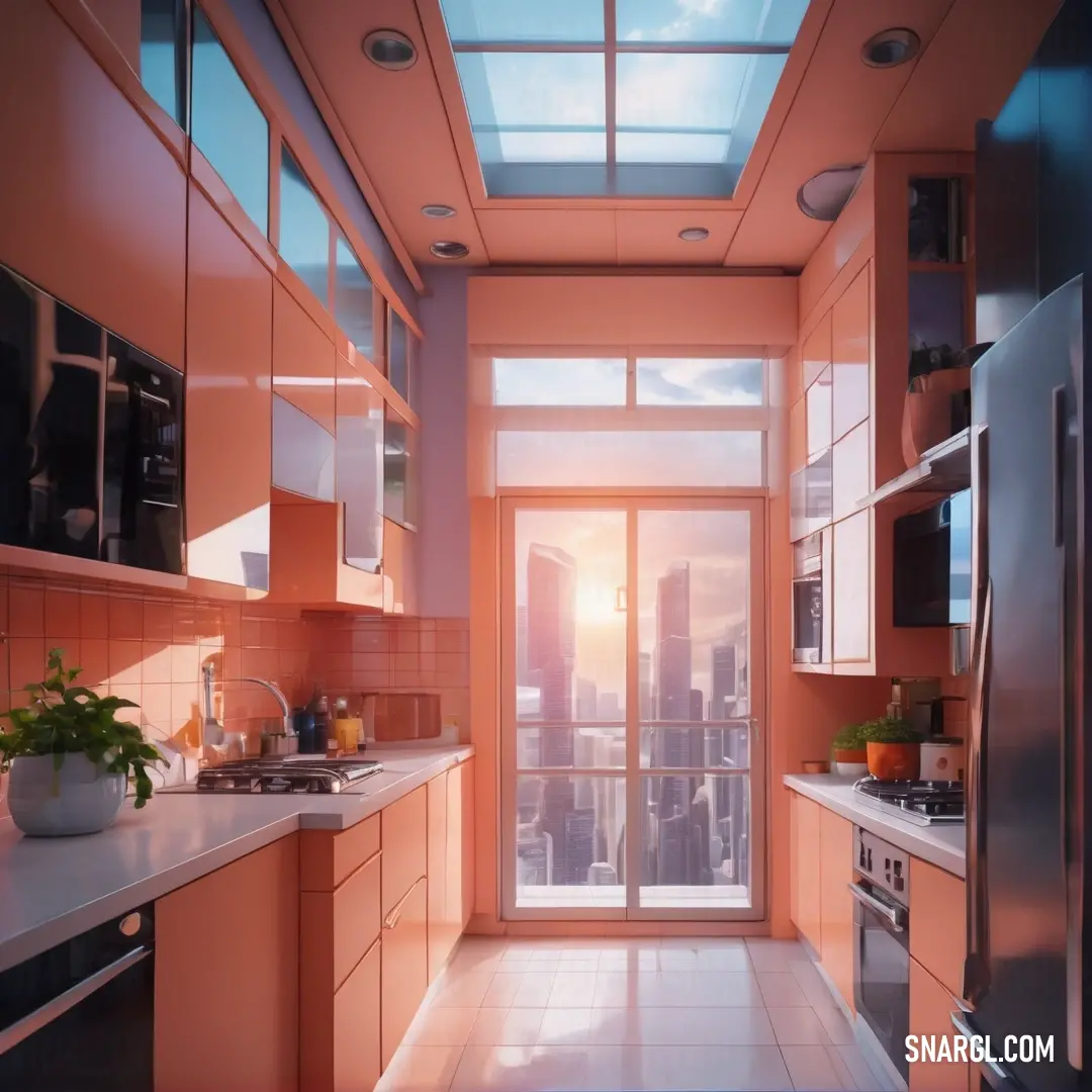 Kitchen with a skylight and a large window in it's center area. Color RGB 218,138,103.