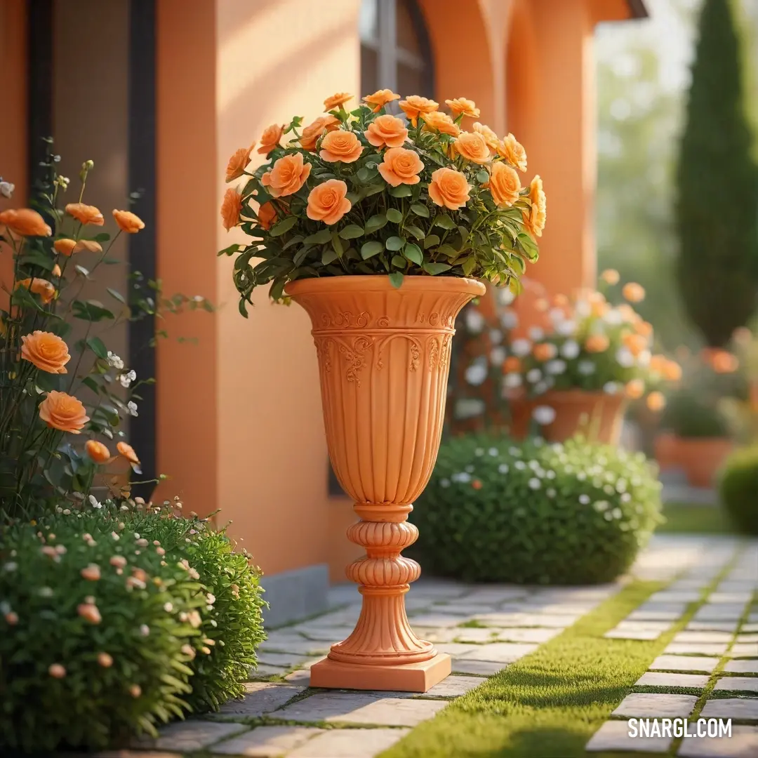 A striking large orange vase brimming with vibrant flowers stands proudly on the sidewalk, flanked by lush trees and verdant bushes, creating a picturesque scene next to an inviting building that complements the lively arrangement.