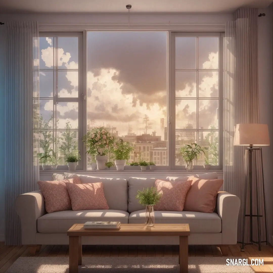 Living room with a couch and a table in front of a window with a view of the city. Color CMYK 0,37,53,15.