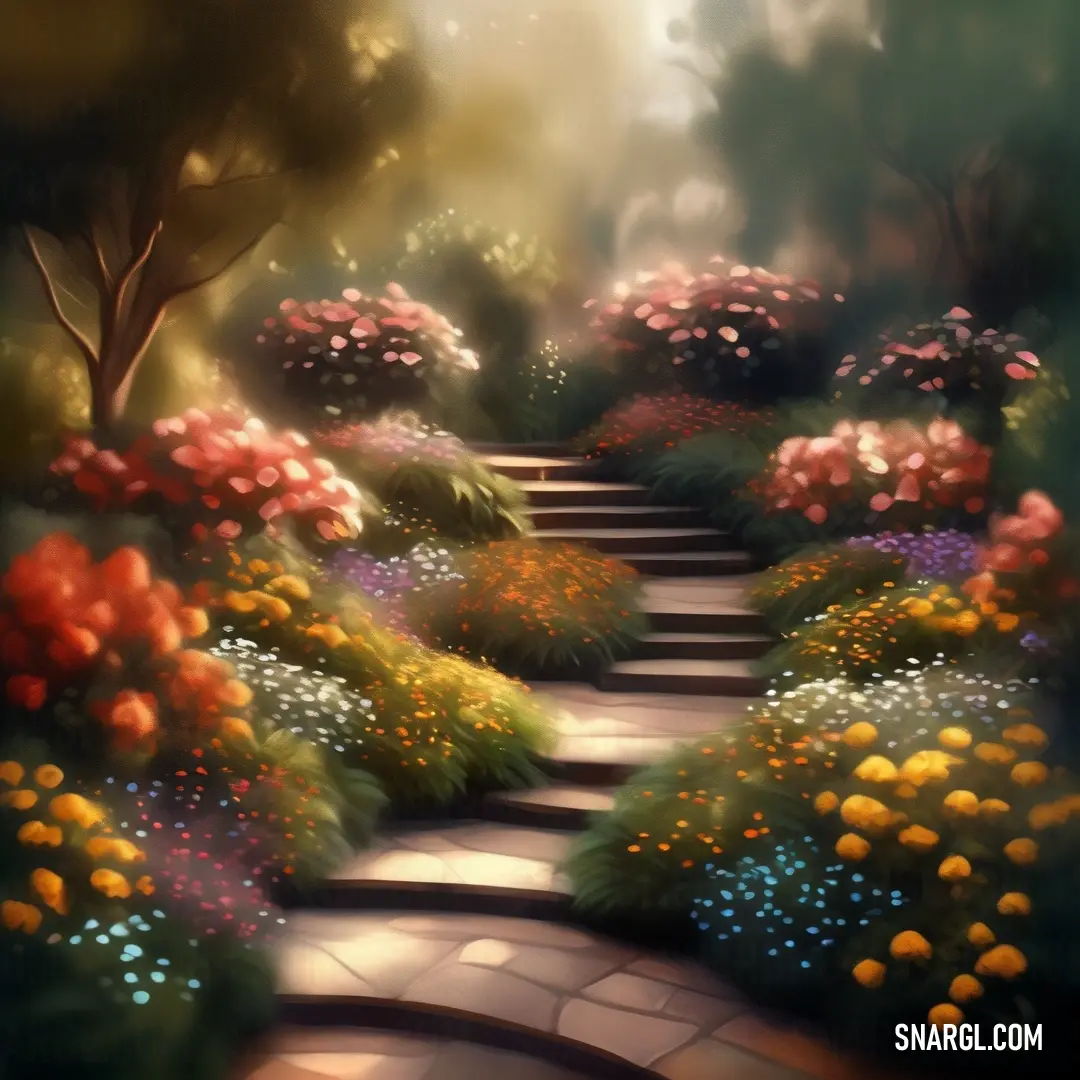 A vibrant garden bursts with colorful flowers, their petals glowing under the soft light. A path leads through the garden to a tree-lined walkway, where sunlight filters gently through the branches, casting dappled patterns on the ground.