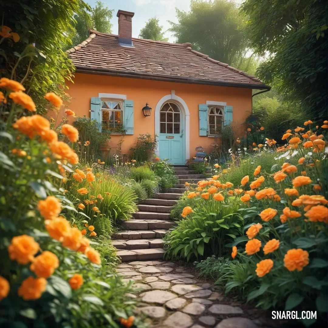 A charming house featuring a distinct blue door invites you in, while a beautifully paved stone path winds through a vibrant flower garden, showcasing a harmonious blend of colors reminiscent of warm sunset hues.