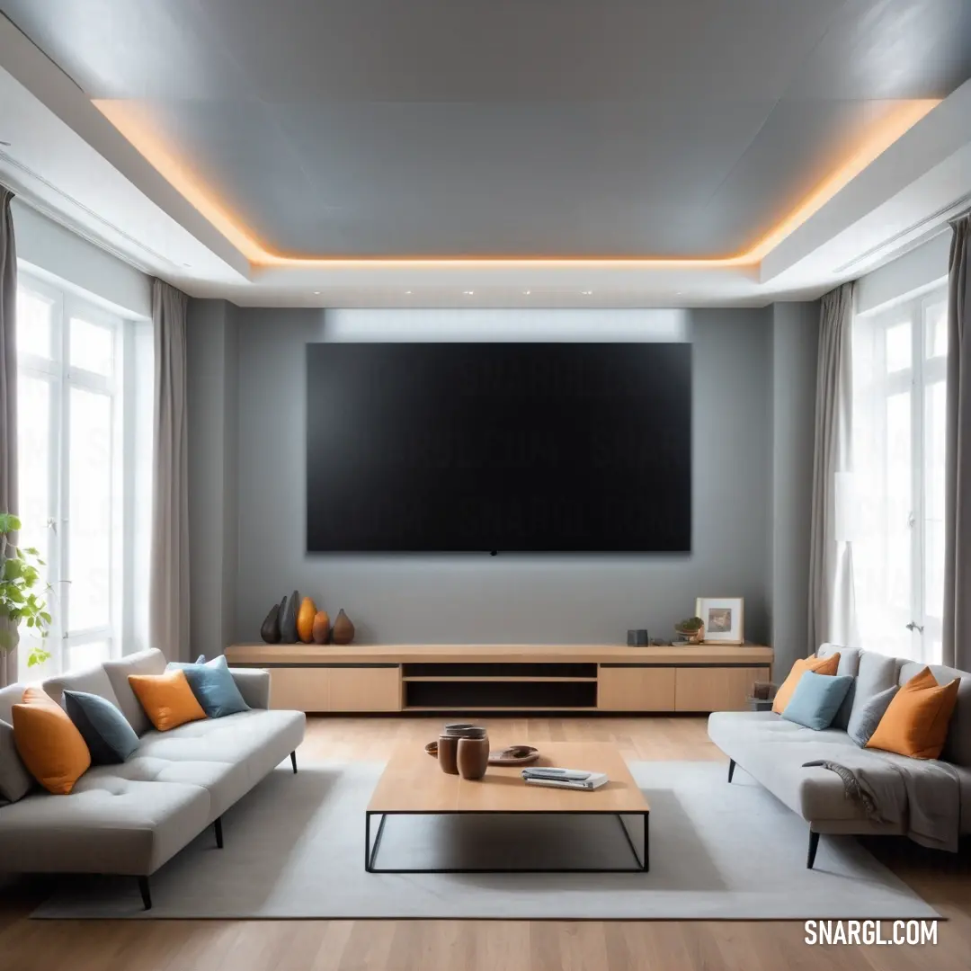Pale copper color. Living room with a large screen tv on the wall and a couch and coffee table in front of it