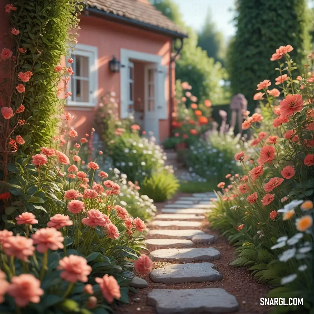 A serene scene unfolds with a pale copper-colored pathway made of natural stone, bordered by flourishing flowers, and set against a cozy house nestled in the background, radiating tranquility and warmth.